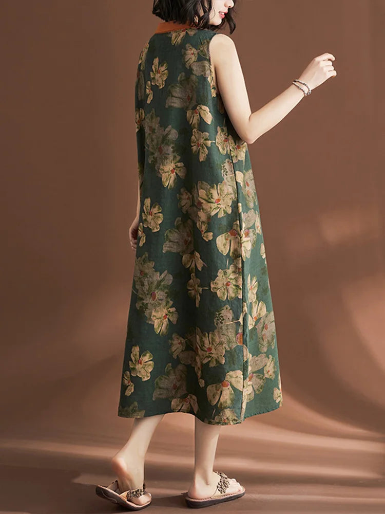 Printed Linen Sleeveless Dress for Women Summer Casual
