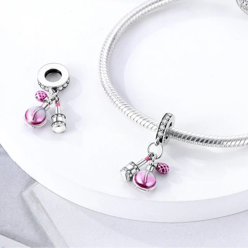 Fit 925 Sterling Silver Bow Perfume Bottle Pink Charms Beads for Women DIY Jewelry Gifts