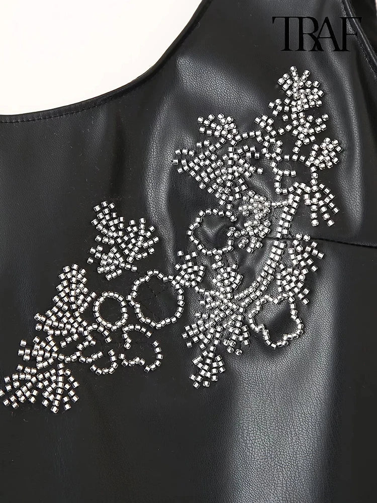 Beaded Dress Faux Leather U Neck Evening Gown For Party