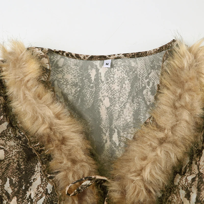 Casual Leopard Fur Trim Sheer Mesh V-Neck Long Sleeve Slim Bandage Blouse for Women