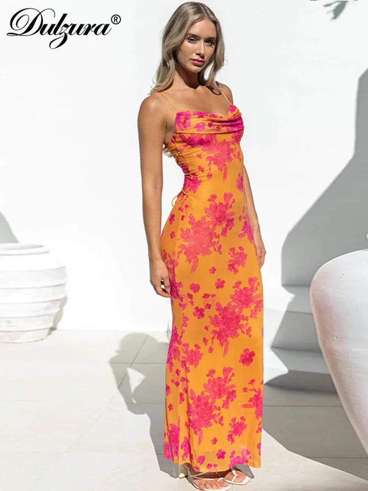 Floral Spaghetti Straps Maxi Dress Backless Evening Party