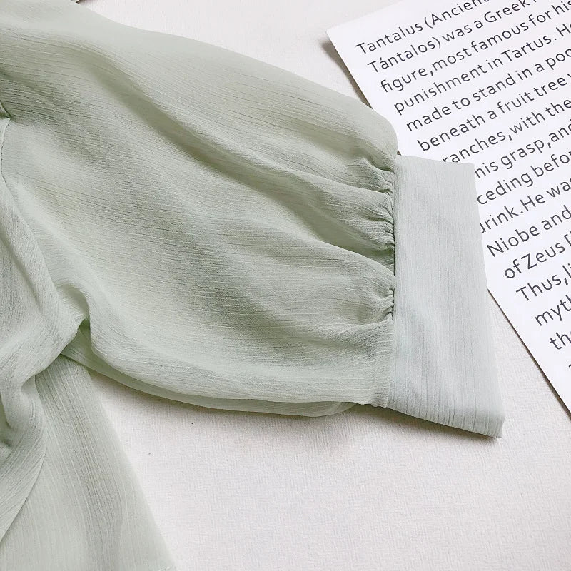 Women Buttoned Up Chiffon Blouse Tied Waist Crop Top Office Lady Shirt Thin and Lightweight