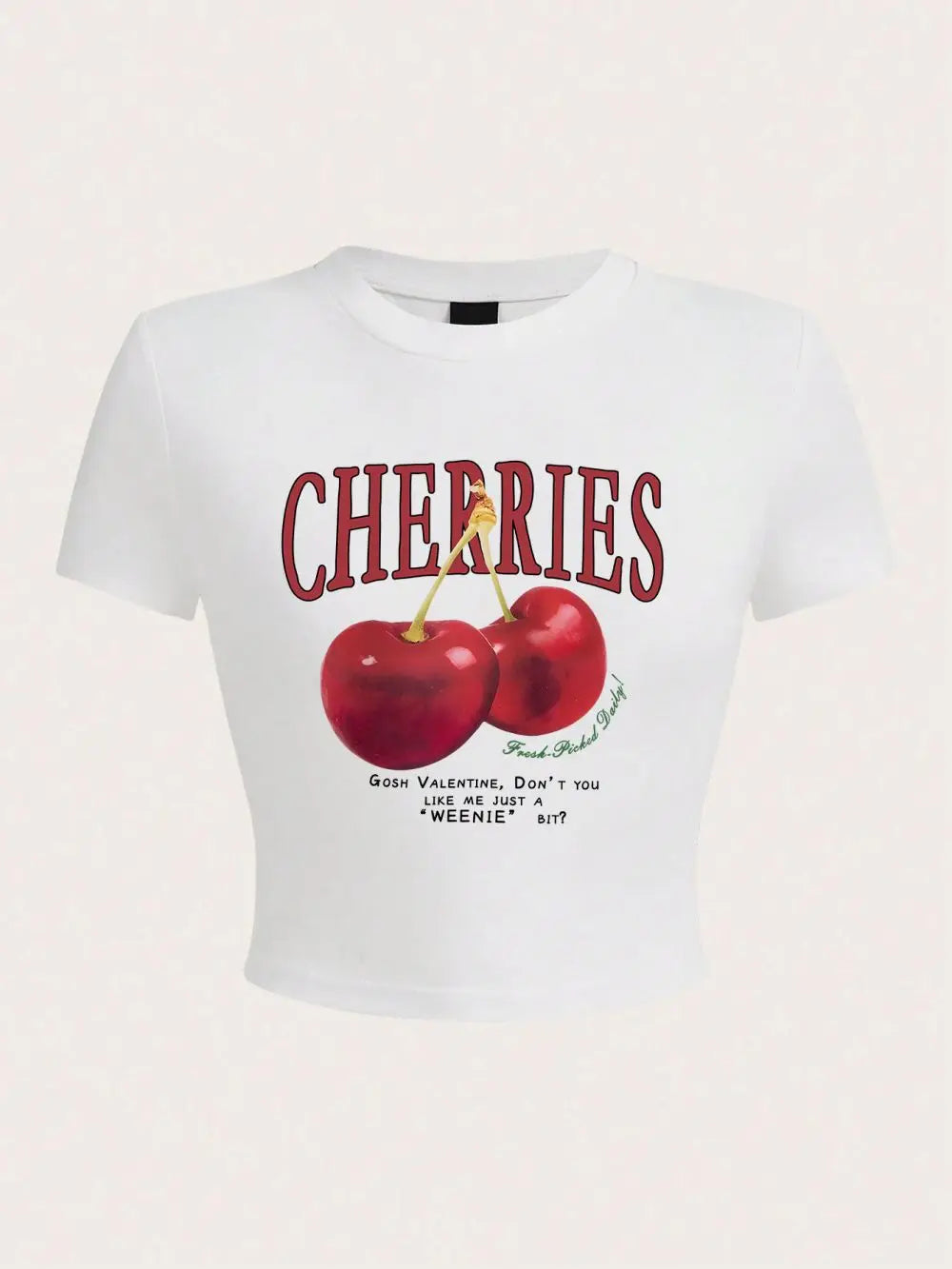 Harajuku Women's Crop Top with Fresh Red Cherries Print Soft O-Neck Tee for Comfortable Streetwear and Club Style