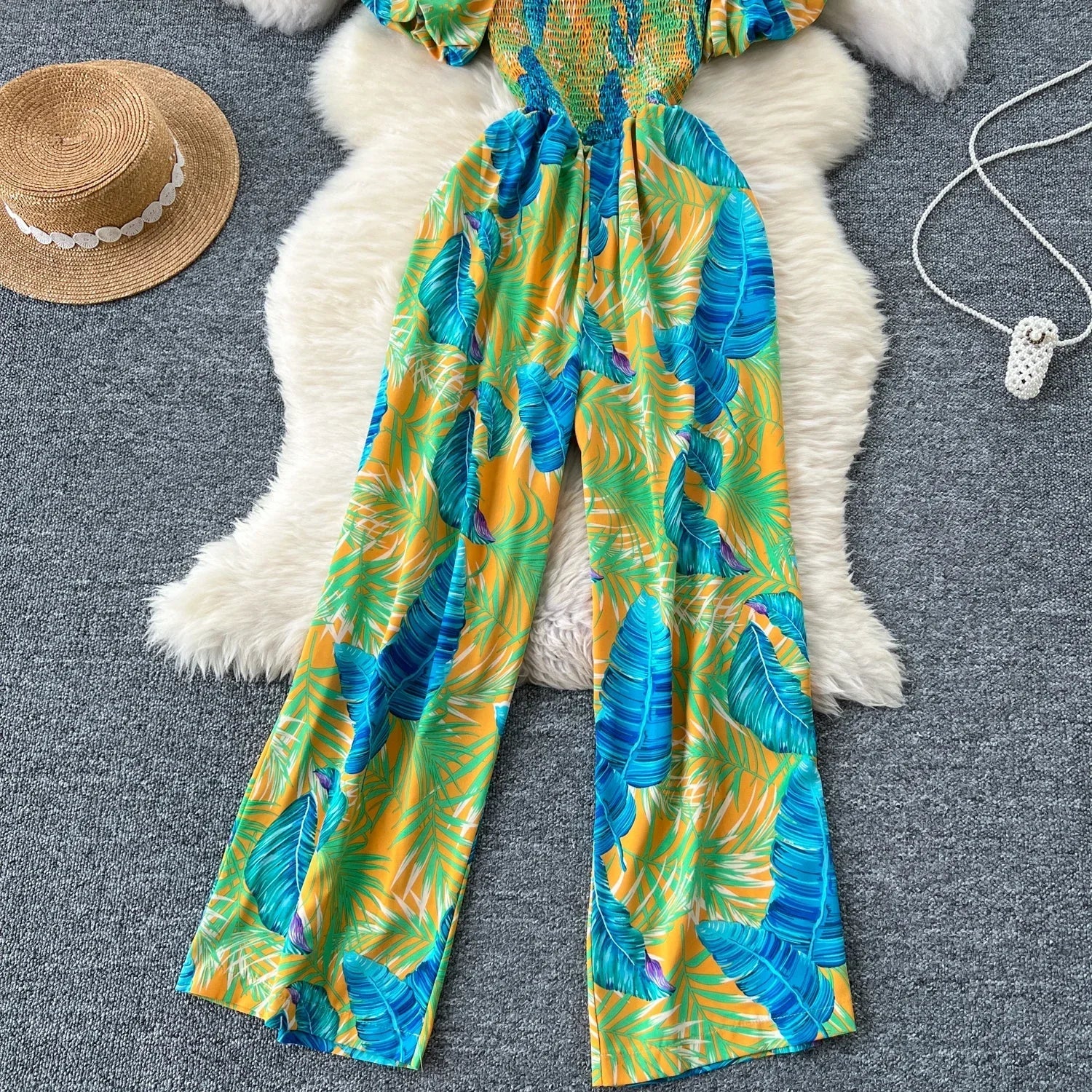 Square Neck Loose Pleated Jumpsuit with Ruffles Backless Design Wide Leg Long Pants Elegant Chic Printed Playsuit for Women