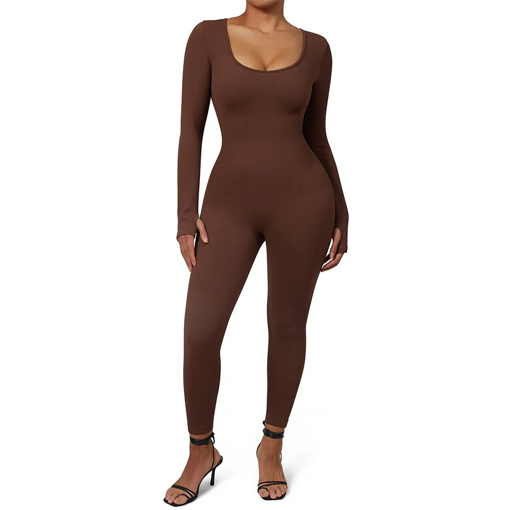 Bodycon Slim Fit Zipper Jumpsuit for Women Casual Brown Fitness Romper Streetwear Playsuit Overall