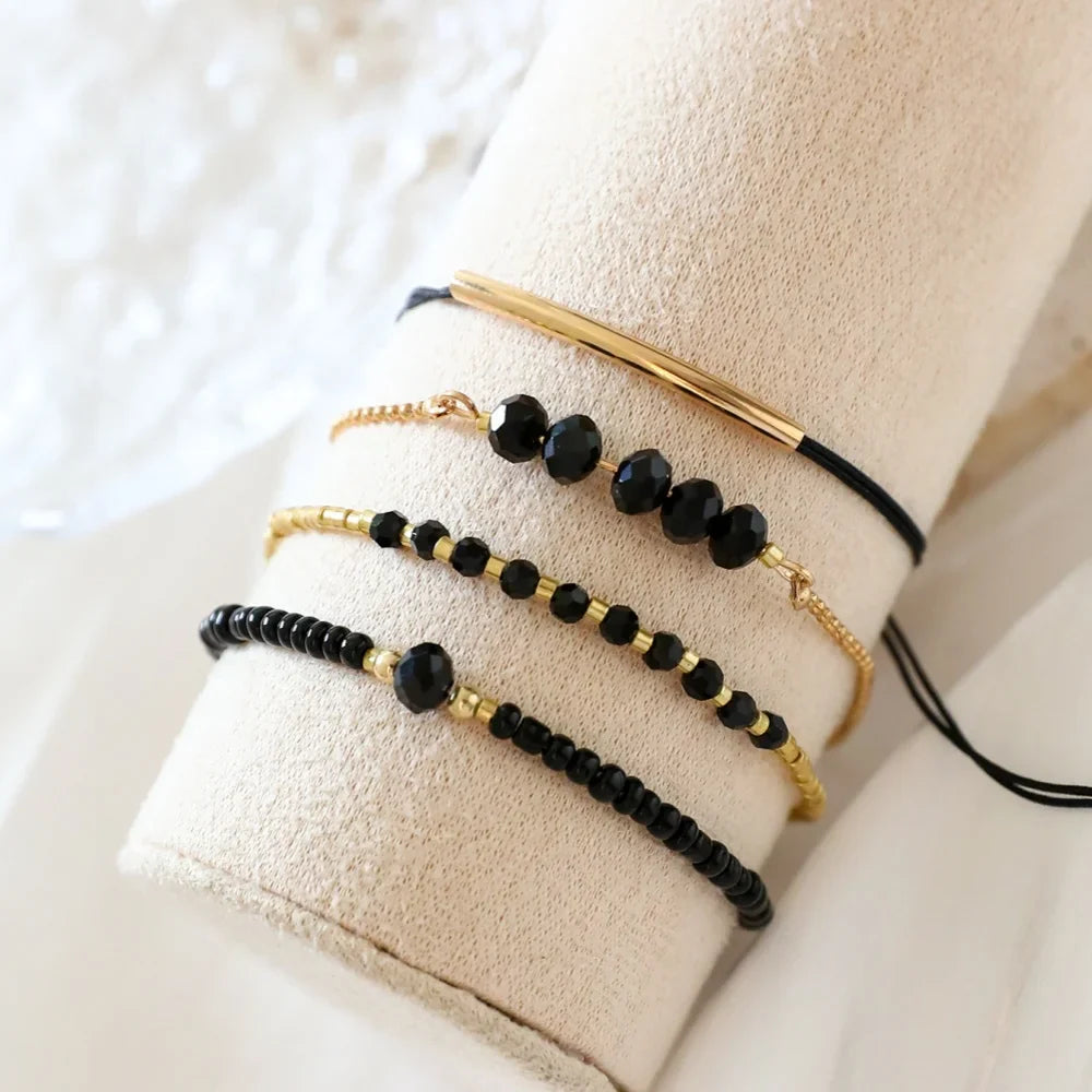 4Pcs Set Black Glass Stone Bracelets for Women Trendy Boho Handmade Jewelry Accessories