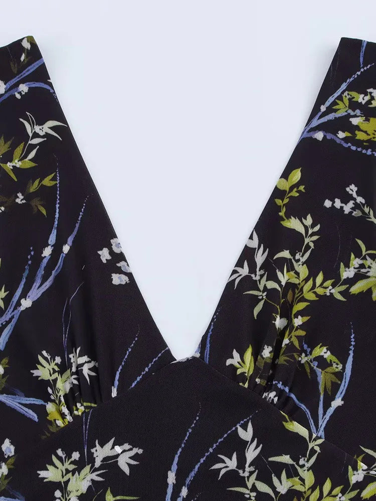 Women Summer Midi Tank Dress Vintage Print Chiffon V Neck