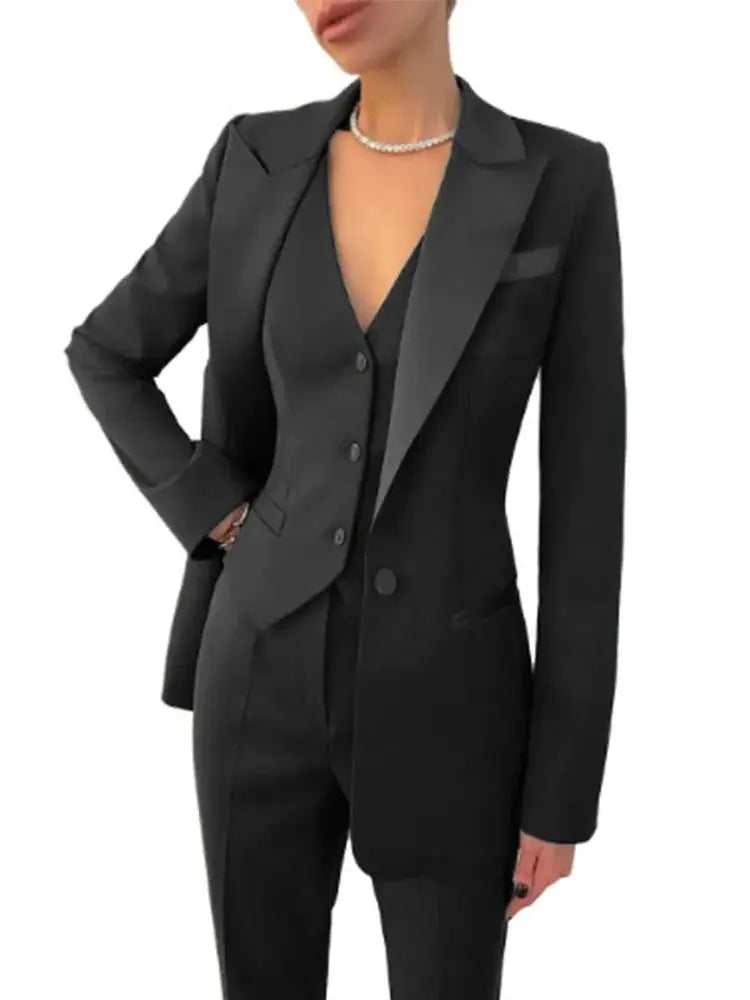 Black Women's 3 Piece Suit Set Blazer Vest Pants for Office