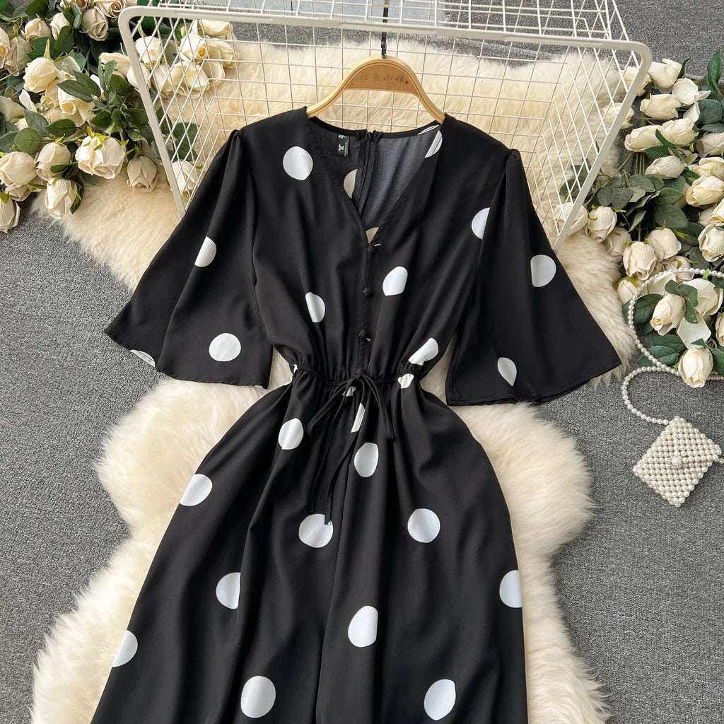 Women Wide Leg Polka Dot Jumpsuit with V Neck Dolman Sleeves and Slim Waist Design