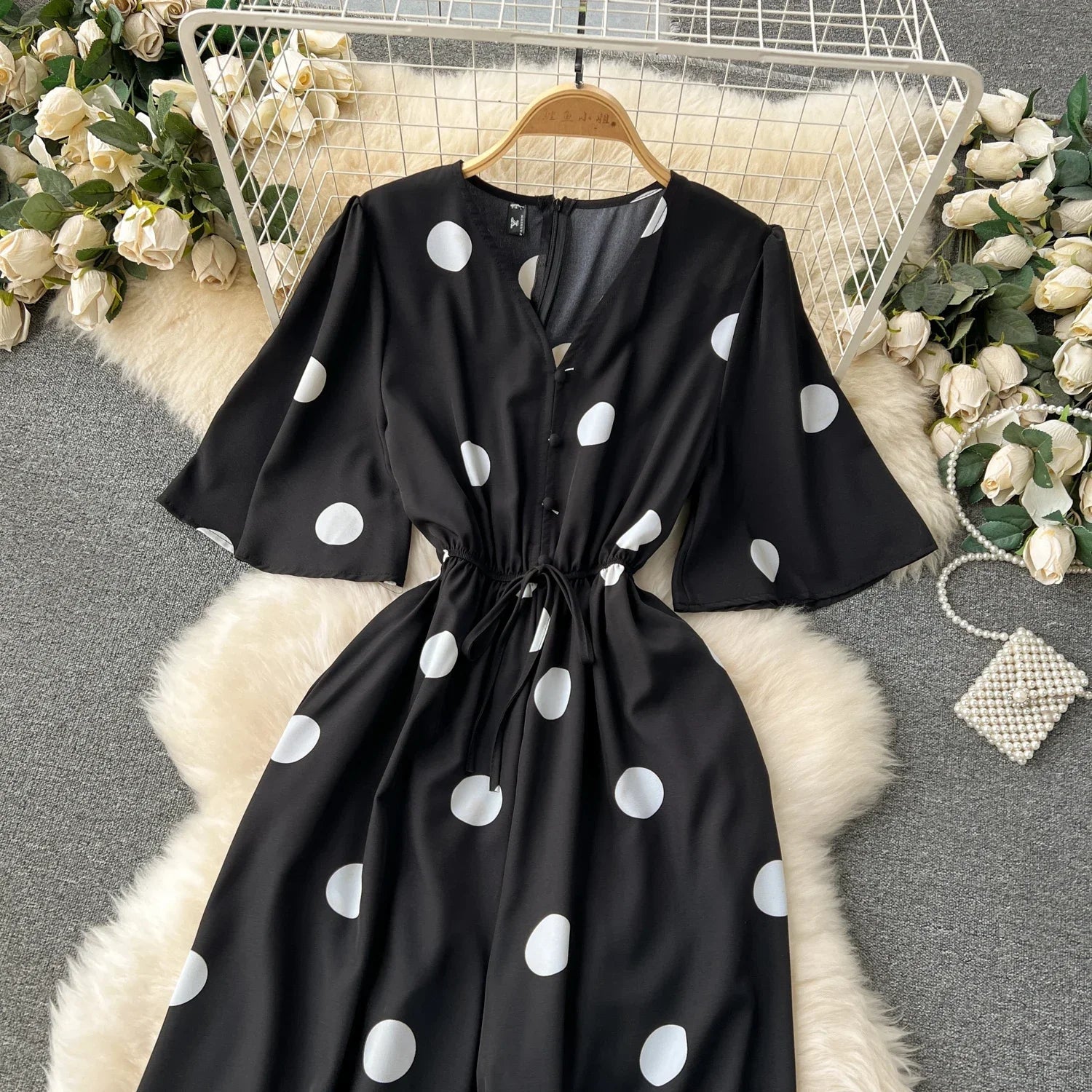 Women Wide Leg Polka Dot Jumpsuit with V Neck Dolman Sleeves and Slim Waist Design