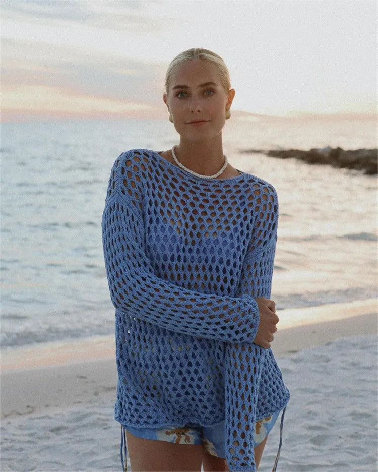 Knit Hollow Out Beach Cover Up Dress See Through For Women