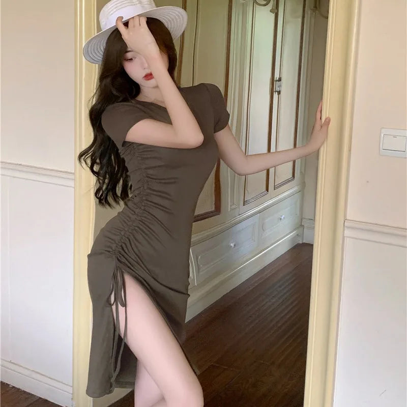 Summer Dress With Drawstring Side Slit Irregular Hem