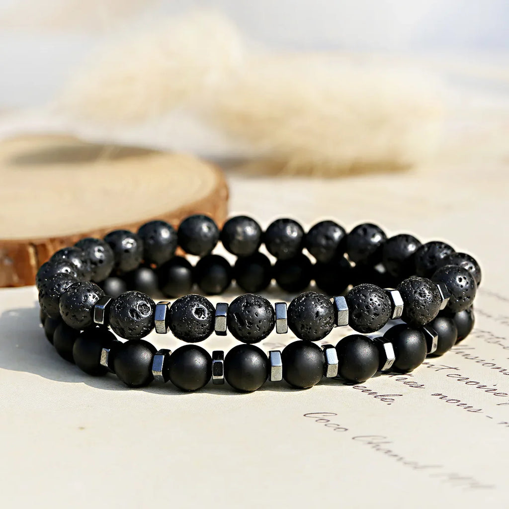 Frosted Black Volcanic Stone Beaded Men's Bracelet Set Double Layer Nature Stone Gifts