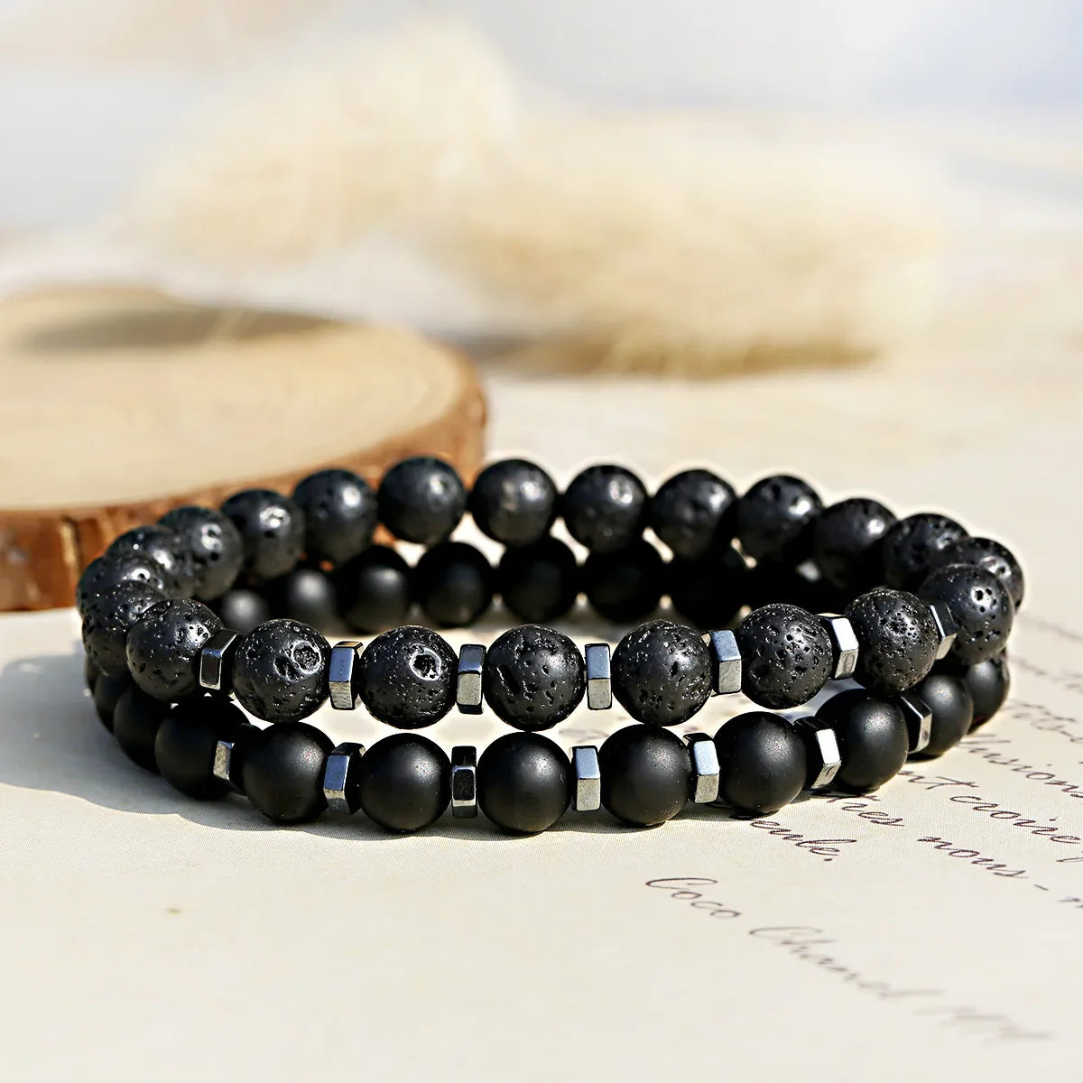 Frosted Black Volcanic Stone Beaded Men's Bracelet Set Double Layer Nature Stone Gifts