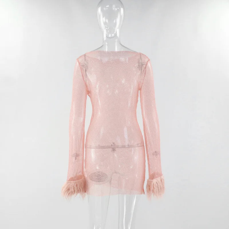 Black Mesh See Through Mini Dress Women Bodycon Clubwear