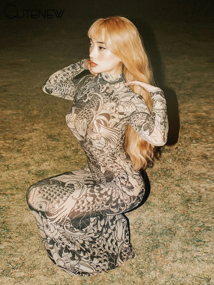 Elegant Long Sleeve Printed Maxi Dress With O Neck