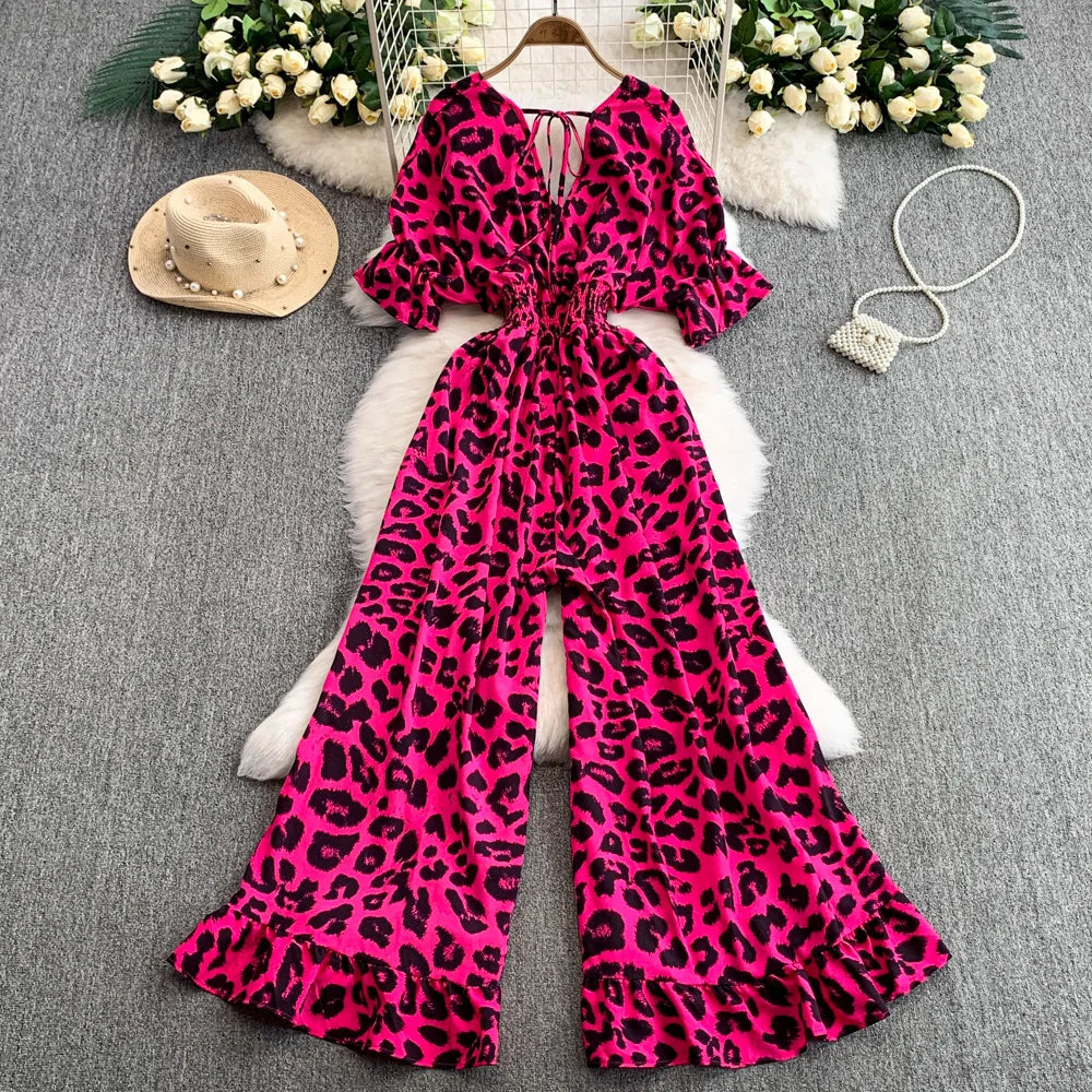Women's Summer V-Neck Leopard Print Lace-Up Jumpsuit Short Sleeve Loose Fit Playsuit Overalls with Elegant Ruffle Detail