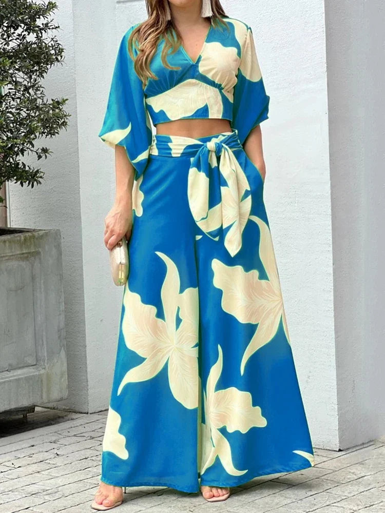 Casual Women's Two Piece Set Featuring V Neck Crop Top and High Waist Wide Leg Pants with Trendy Print for Stylish Autumn Outfits