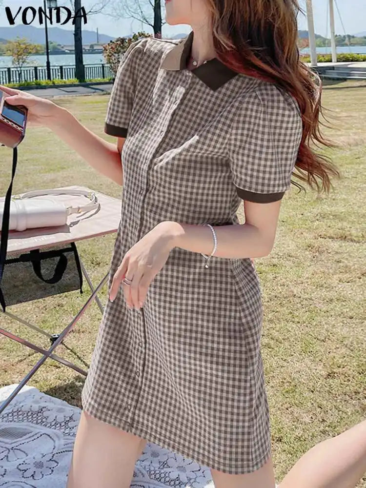 Boho Plaid Mini Dress Puff Sleeve A Line Sundress Style