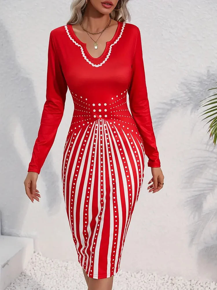 Notch Neck Splicing Bodycon Long Sleeve Dress Spring Fall