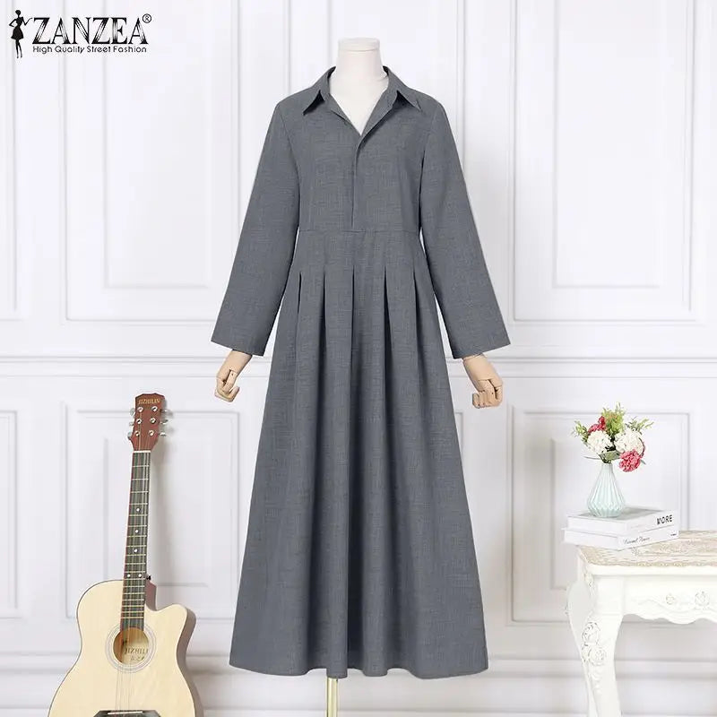 Women Long Sleeve Maxi Dress Office Casual Solid A Line