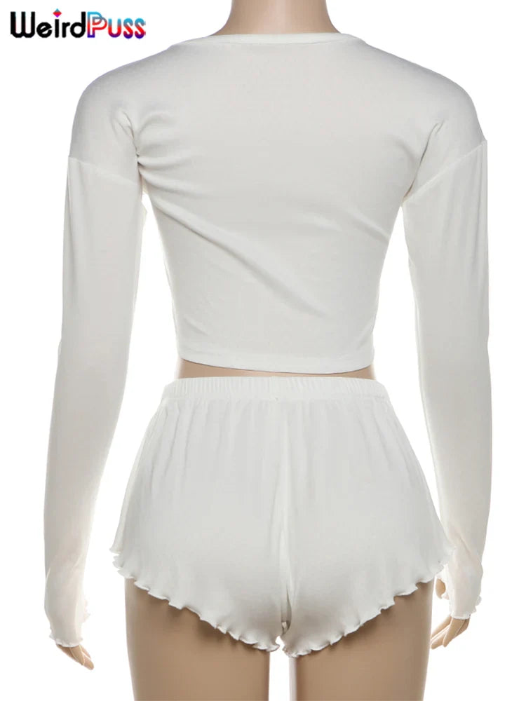 Casual Solid Two Piece Set for Women Long Sleeve Single Breasted Crop Top with Ruffled Thin Mini Shorts Autumn Trend Stylish Matching Outfit