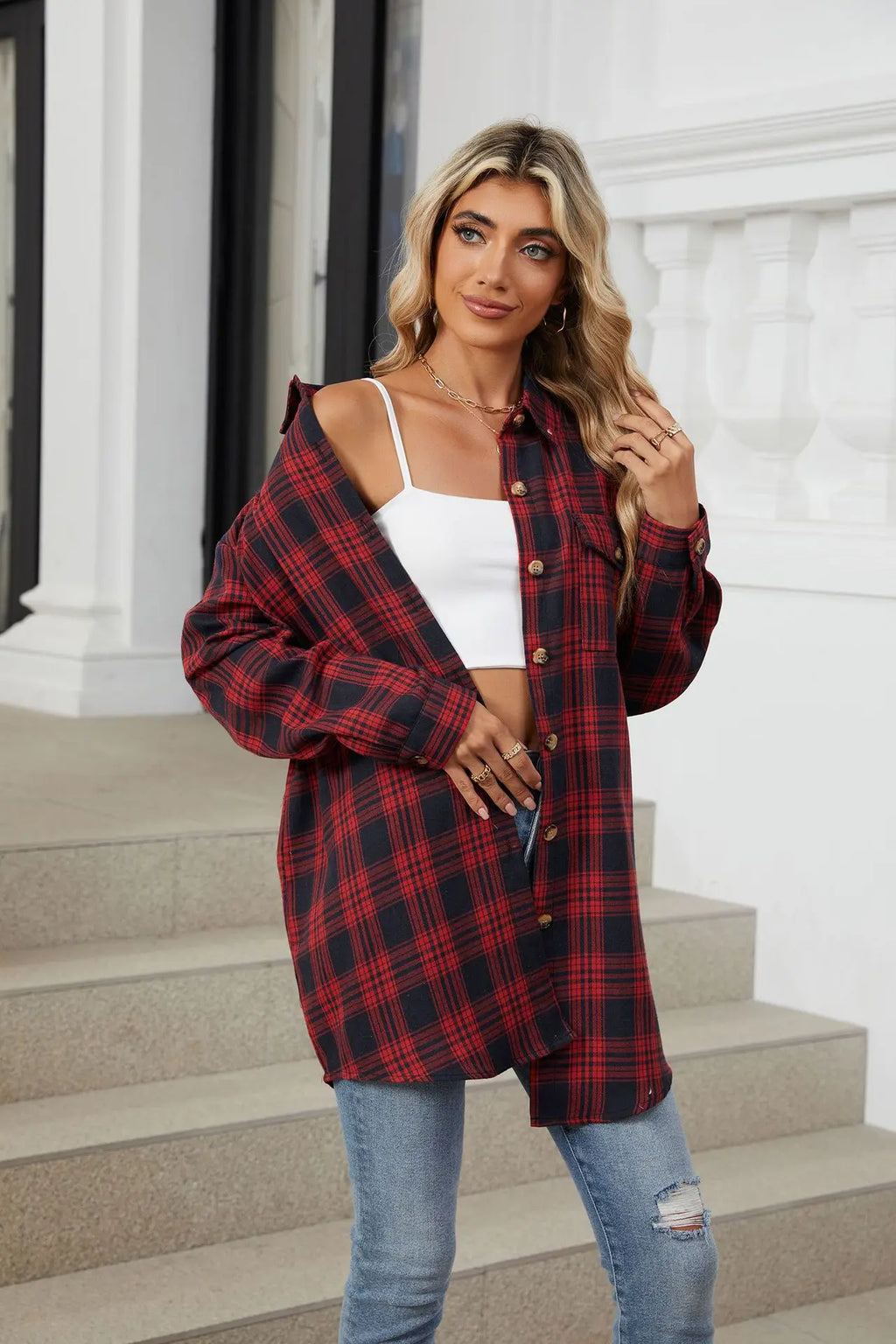 Women's Casual Plaid Button Up Blouse Long Sleeve Turn Down Collar Shacket Plus Size Loose Fit Streetwear Top