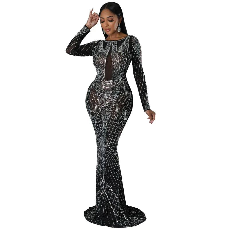 Sexy Mesh Diamond Embellished Maxi Dress for Evening Party