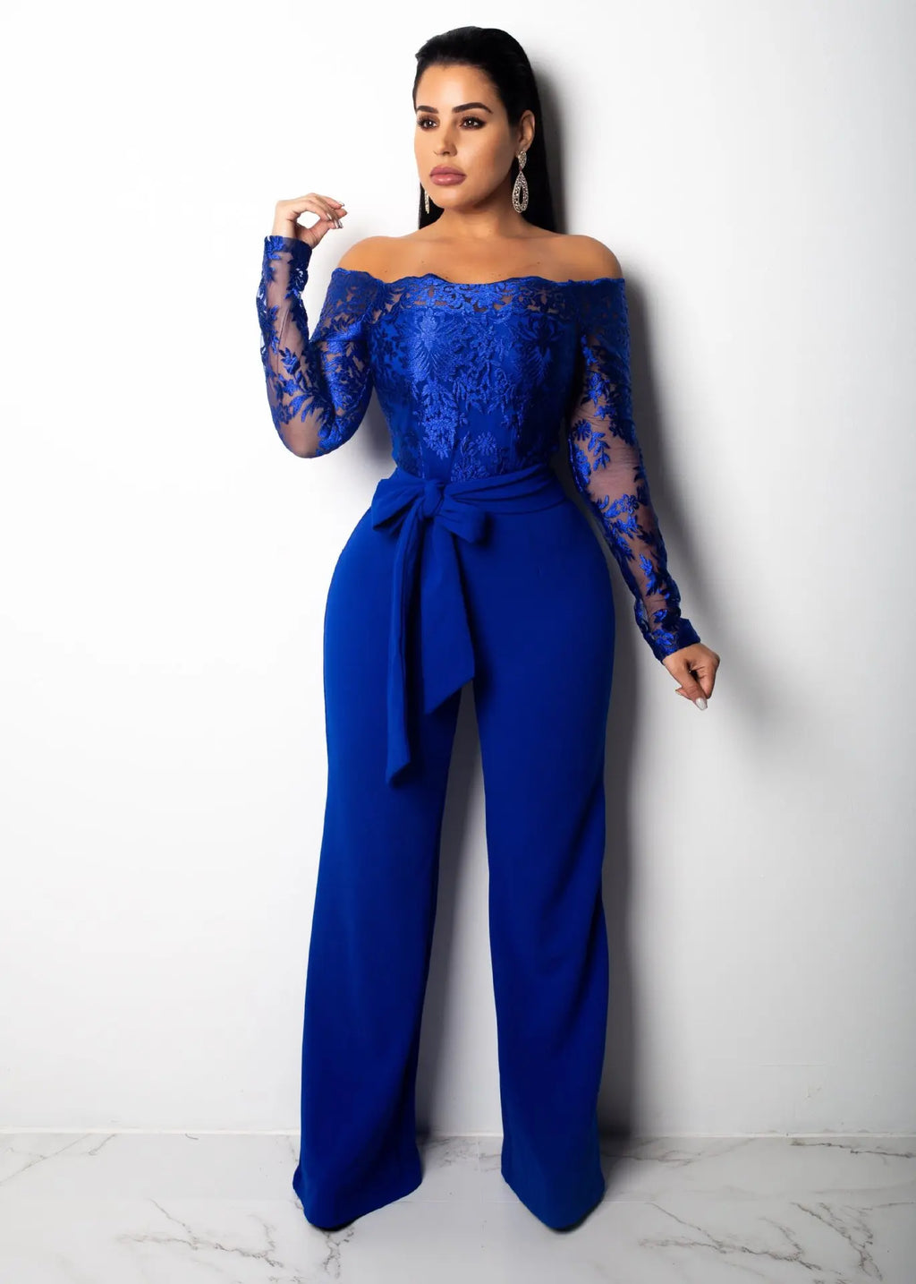 Appliques Lace Patchwork Off Shoulder Jumpsuit for Women with Slash Neck Long Sleeve and Elegant Wide Leg Pants Party Overalls