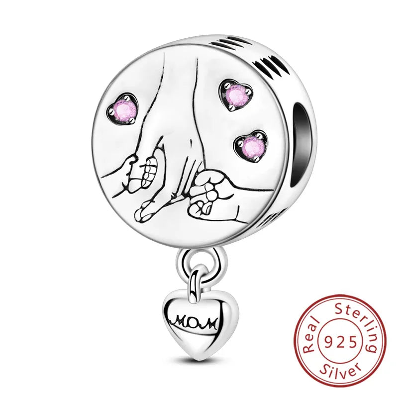 925 Sterling Silver Love Heart Family Charm Bead Pendant for Women's Bracelet Jewelry Gift