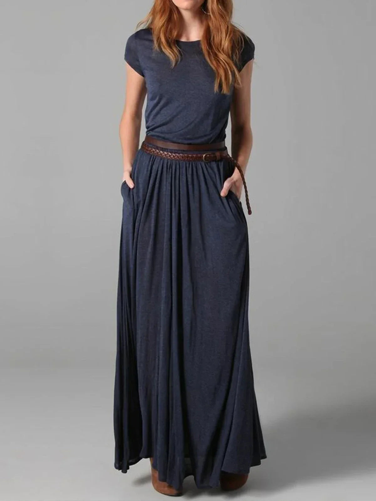 Black Maxi Dress With Pockets Round Neck Short Sleeve