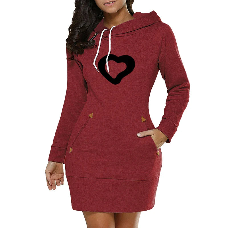 Womens Hooded Midi Dress With Pockets Zip Neckline Casual