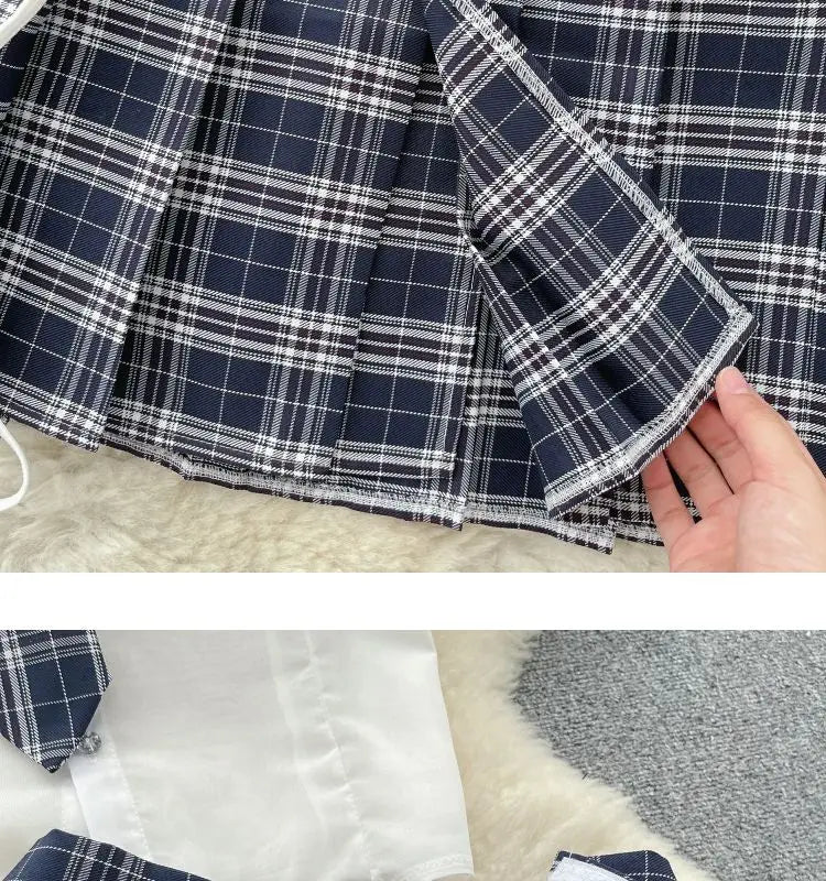 Sexy Preppy Style JK Set for Women Polo Neck See-Through Crop Top Plaid Pleated Short Skirt Student Cosplay Outfit