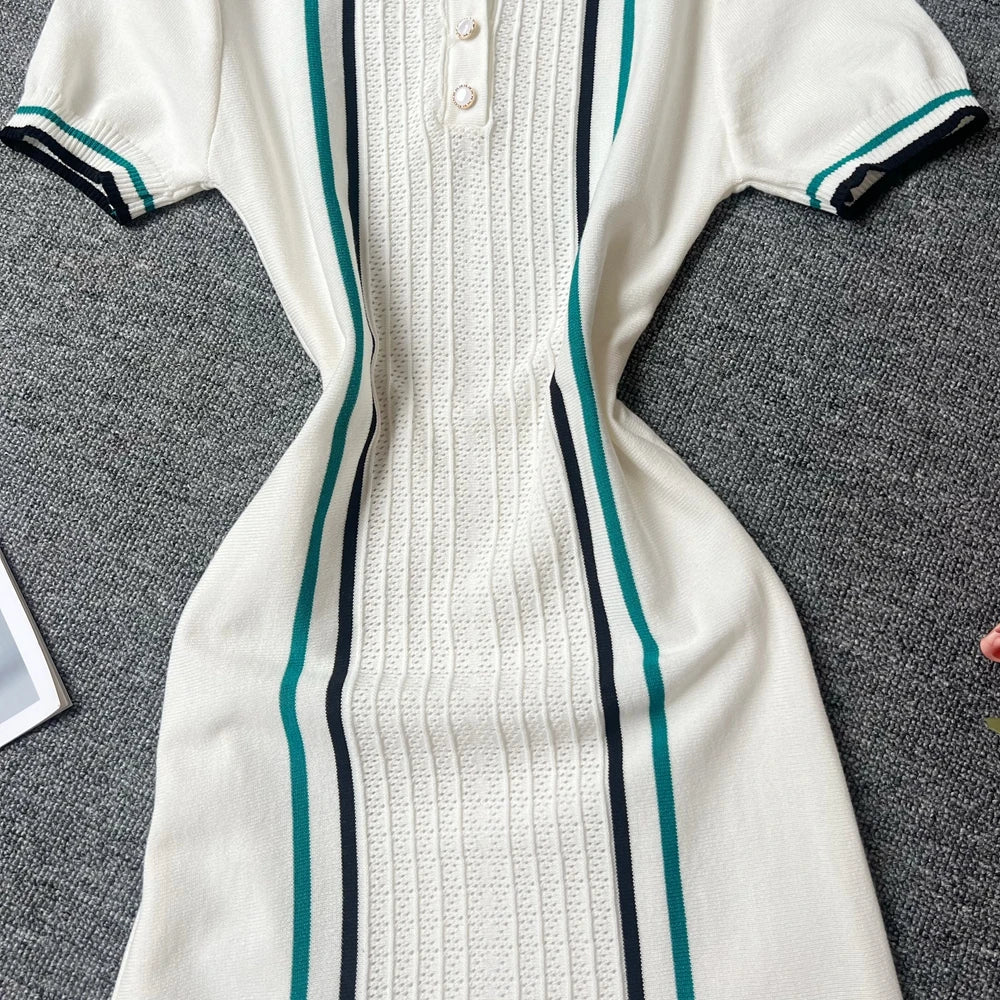 Vintage Knit Mini Dress With Turn Down Collar And Ruffles