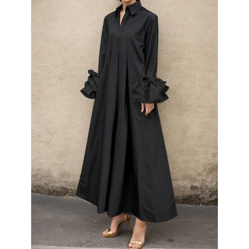 Church Maxi Dress With Pleated Lapel And Flared Sleeves