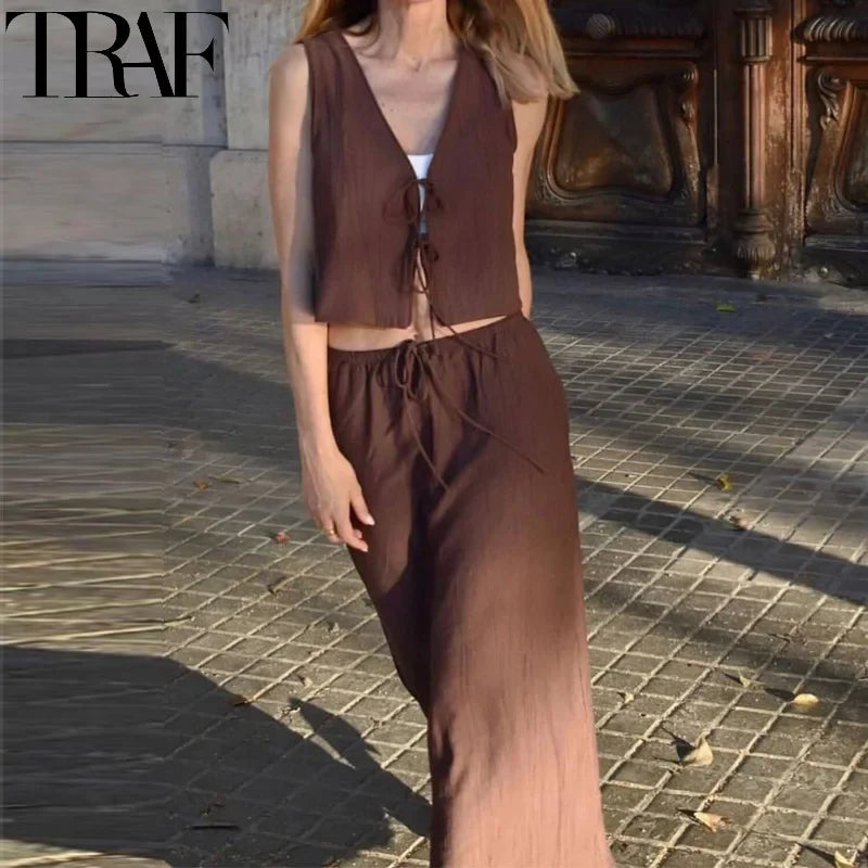 Tied Sleeveless Vest Top and High Waist Midi Skirt Two Piece Set Women's Summer Waistcoat Long Skirt Outfit