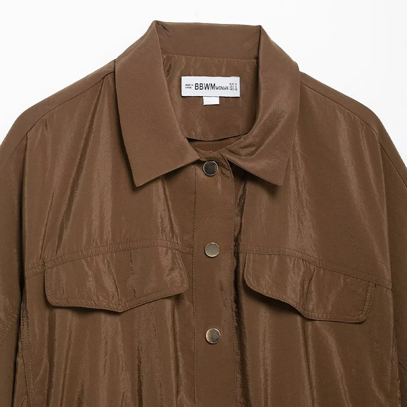 Chic Women's Brown Two Piece Set with Single Breasted Shirt and Vintage Elastic Waist Trousers