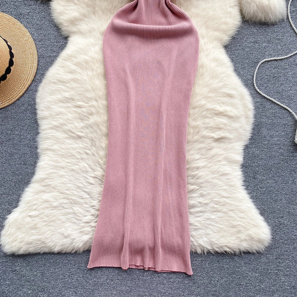 Summer Knit Bodycon Solid Dress for Women Short Sleeve Maxi