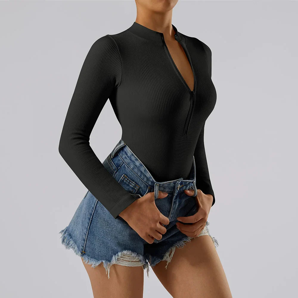 Bodycon Long Sleeve Jumpsuit for Women Zipper Romper Playsuit Fashion Streetwear Autumn Winter Slim Fit Bodysuit