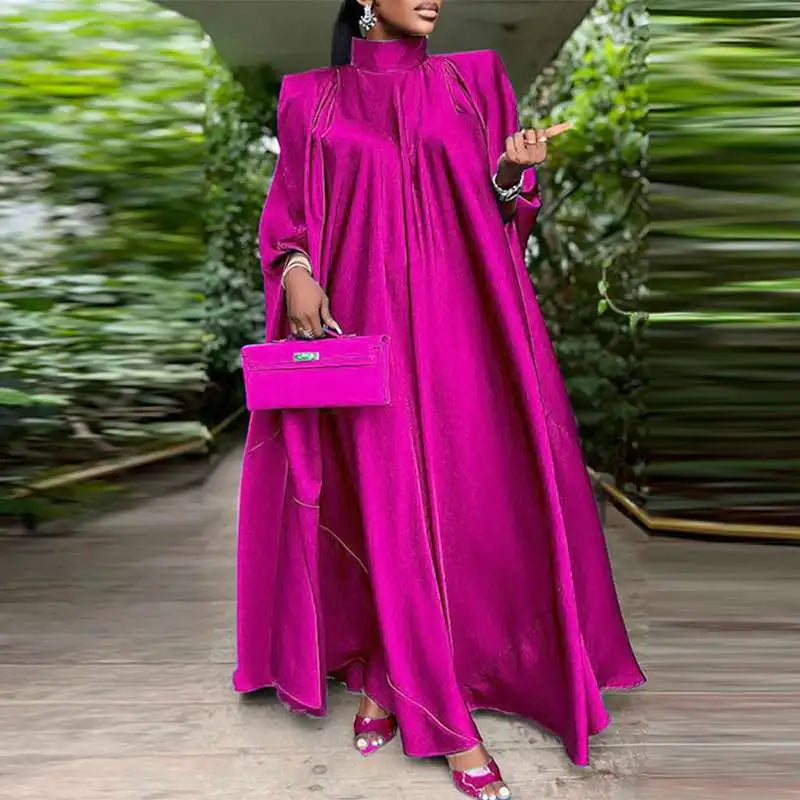 Satin Pleated Evening Dress With Stand Collar Long Sleeve