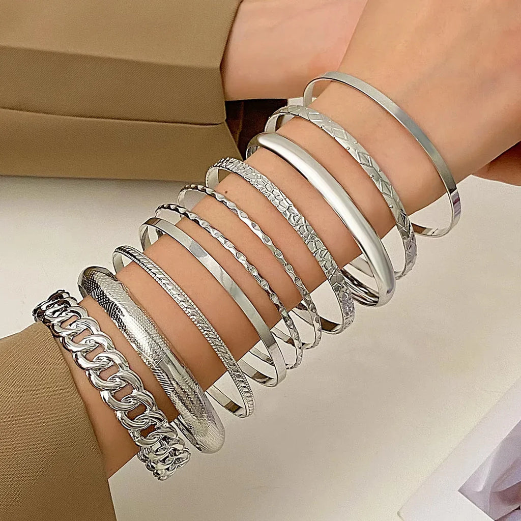 Ten Piece Bohemian Retro Wide-Face Gold and Silver Wedding Bracelet Set