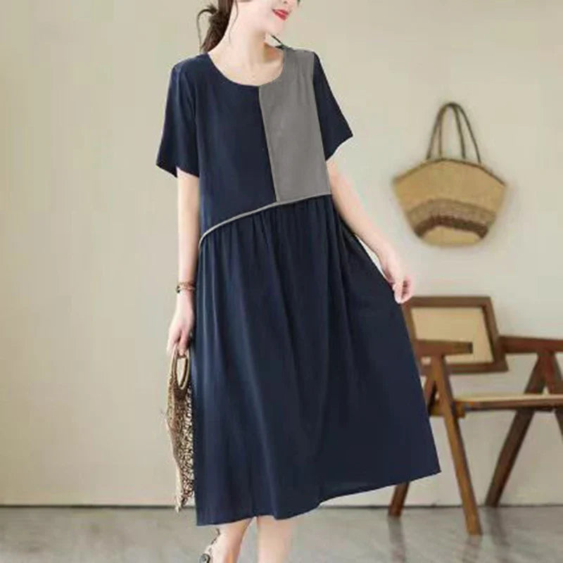 Women Patchwork Pleated Midi Dress Casual Aline Retro