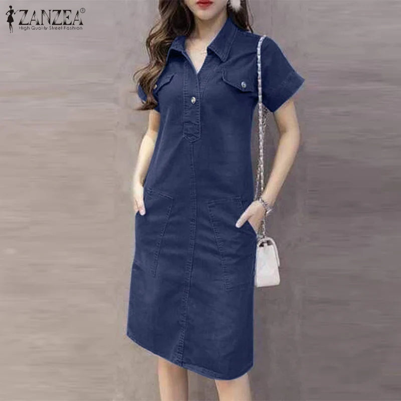 Denim Shirt Dress For Women Short Sleeve Summer Sundress