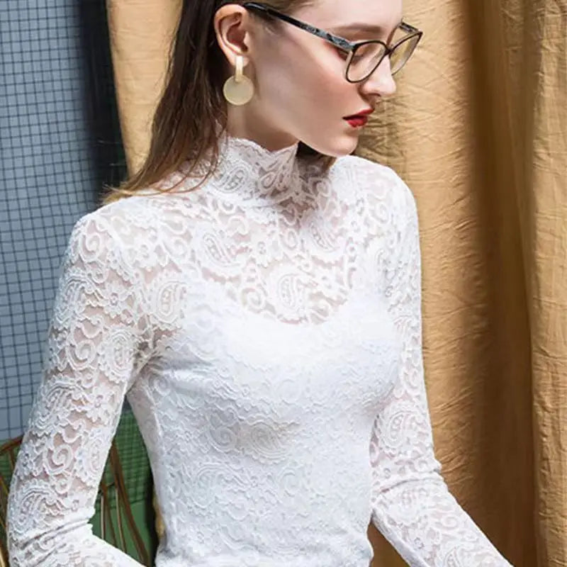 Winter High Neck Long Sleeve Fleece Lace Women T-Shirt Elegant Trendy Top