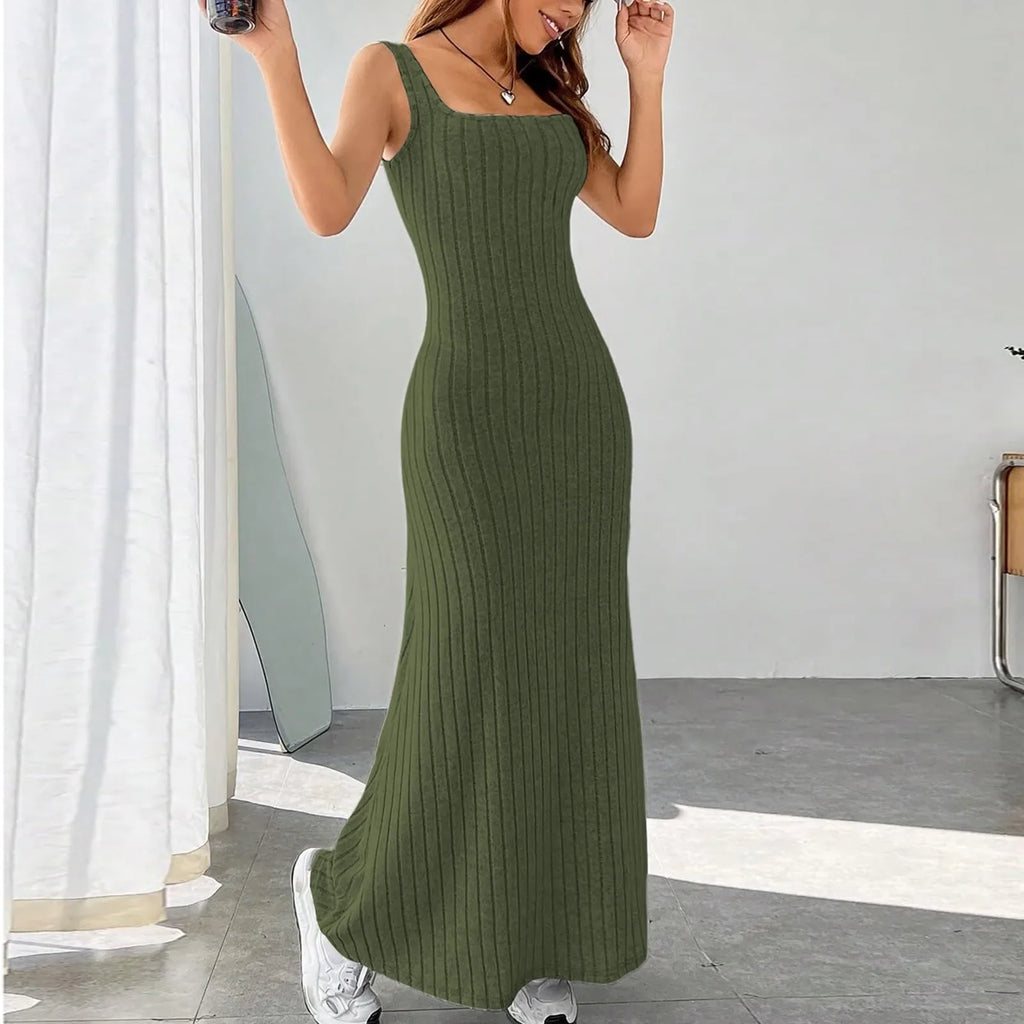 Floral Sundress For Women Pockets Square Neck Tank Dress