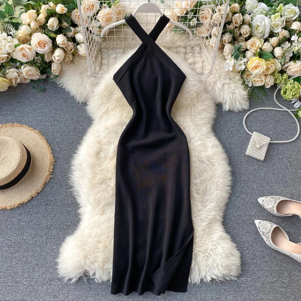 Elegant Solid Backless V Neck Knit Bodycon Dress For Women