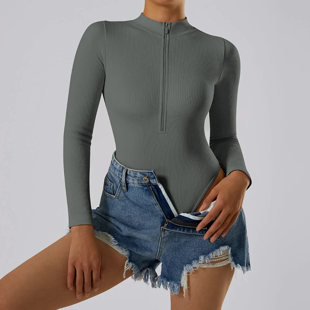 Bodycon Slim Fit Zipper Jumpsuit for Women Casual Brown Fitness Romper Streetwear Playsuit Overall