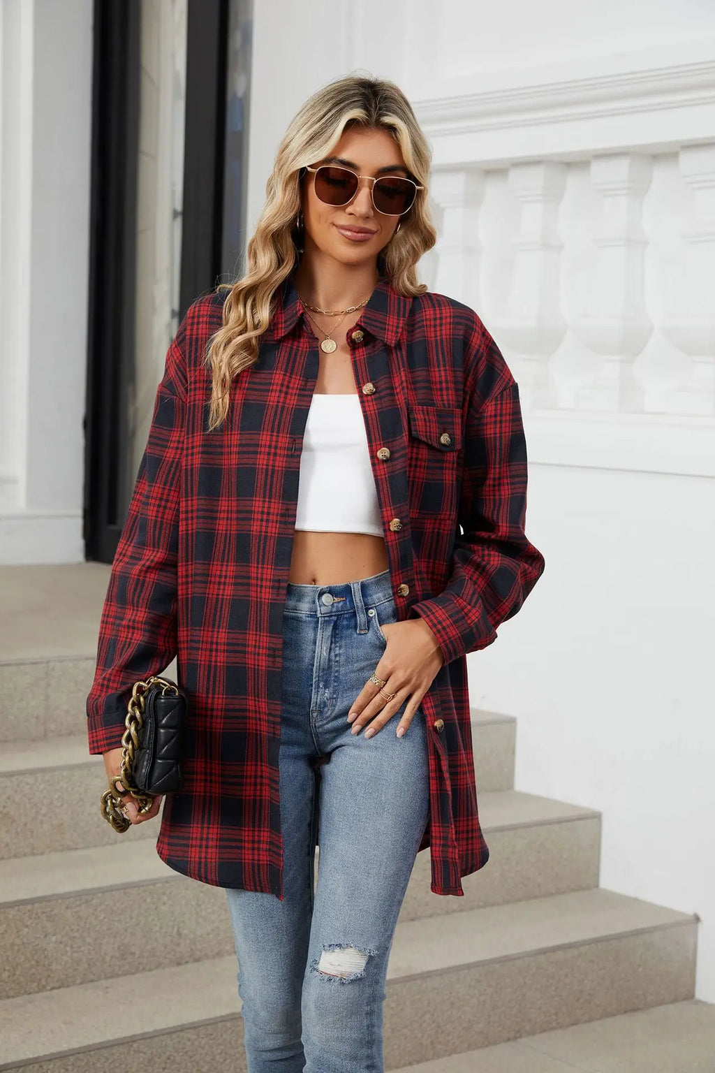 Women's Casual Plaid Button Up Blouse Long Sleeve Turn Down Collar Shacket Plus Size Loose Fit Streetwear Top