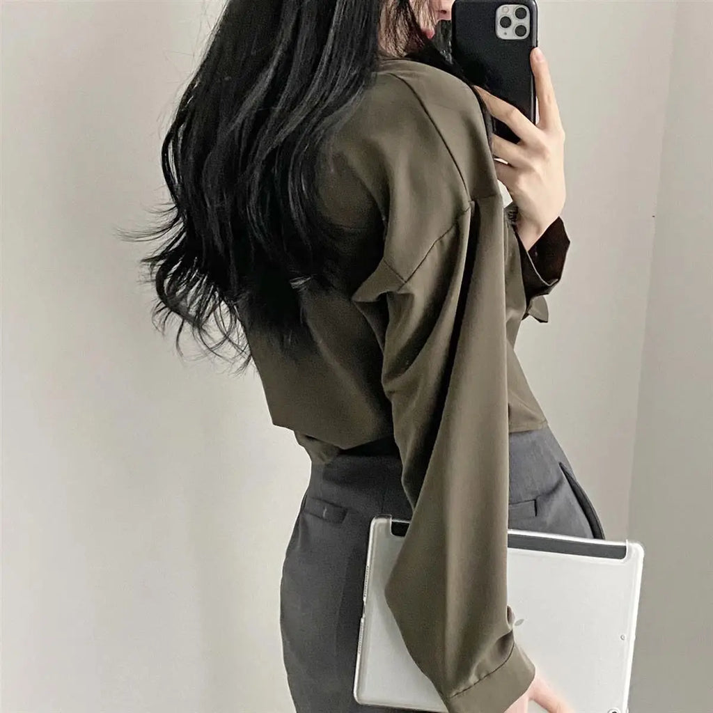 Single Breasted Loose Fit Casual Long Sleeve Shirt Blouse Elegant Solid Color Office Trend Top for Women