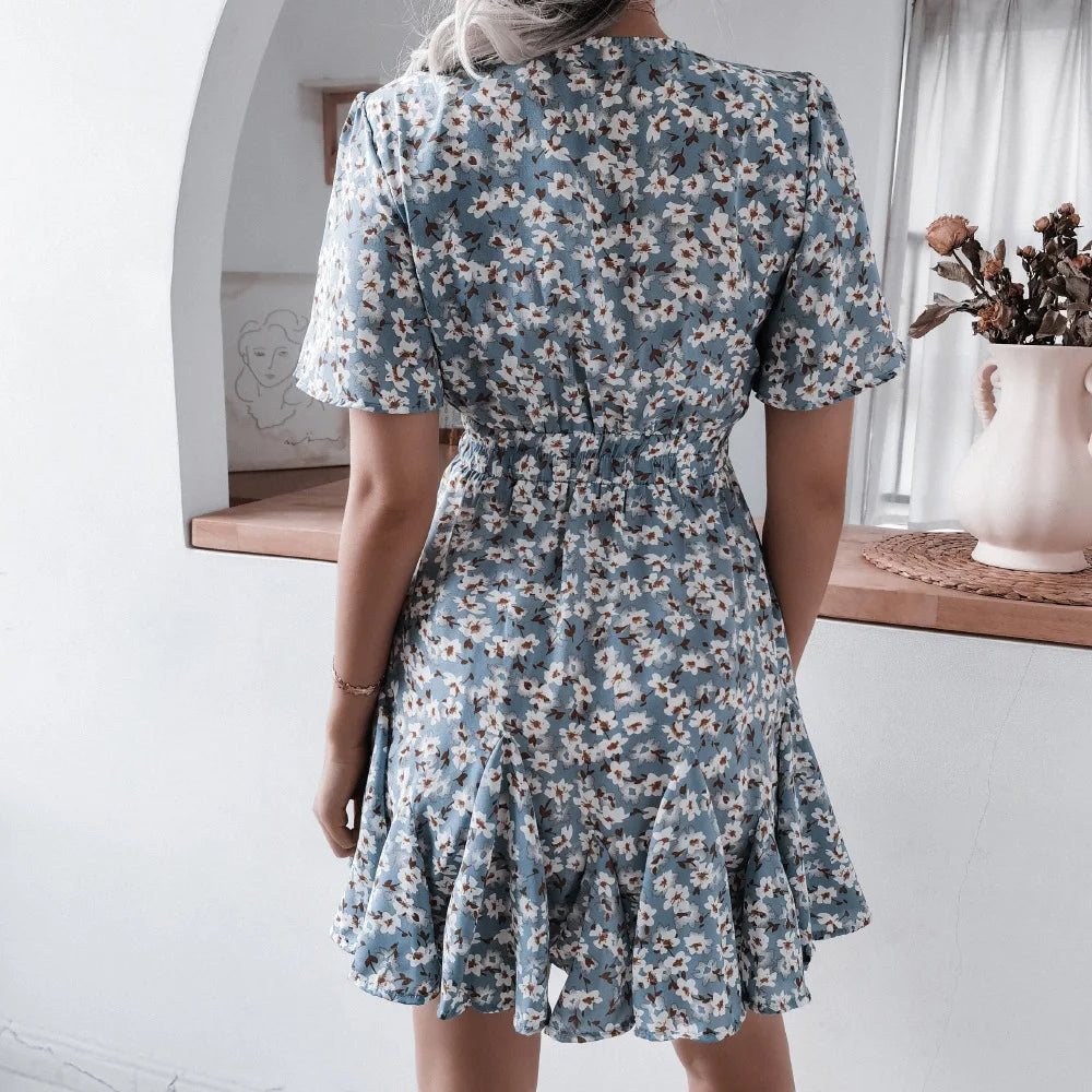 Summer Floral Dress With Bubble Sleeves V Neck A Line